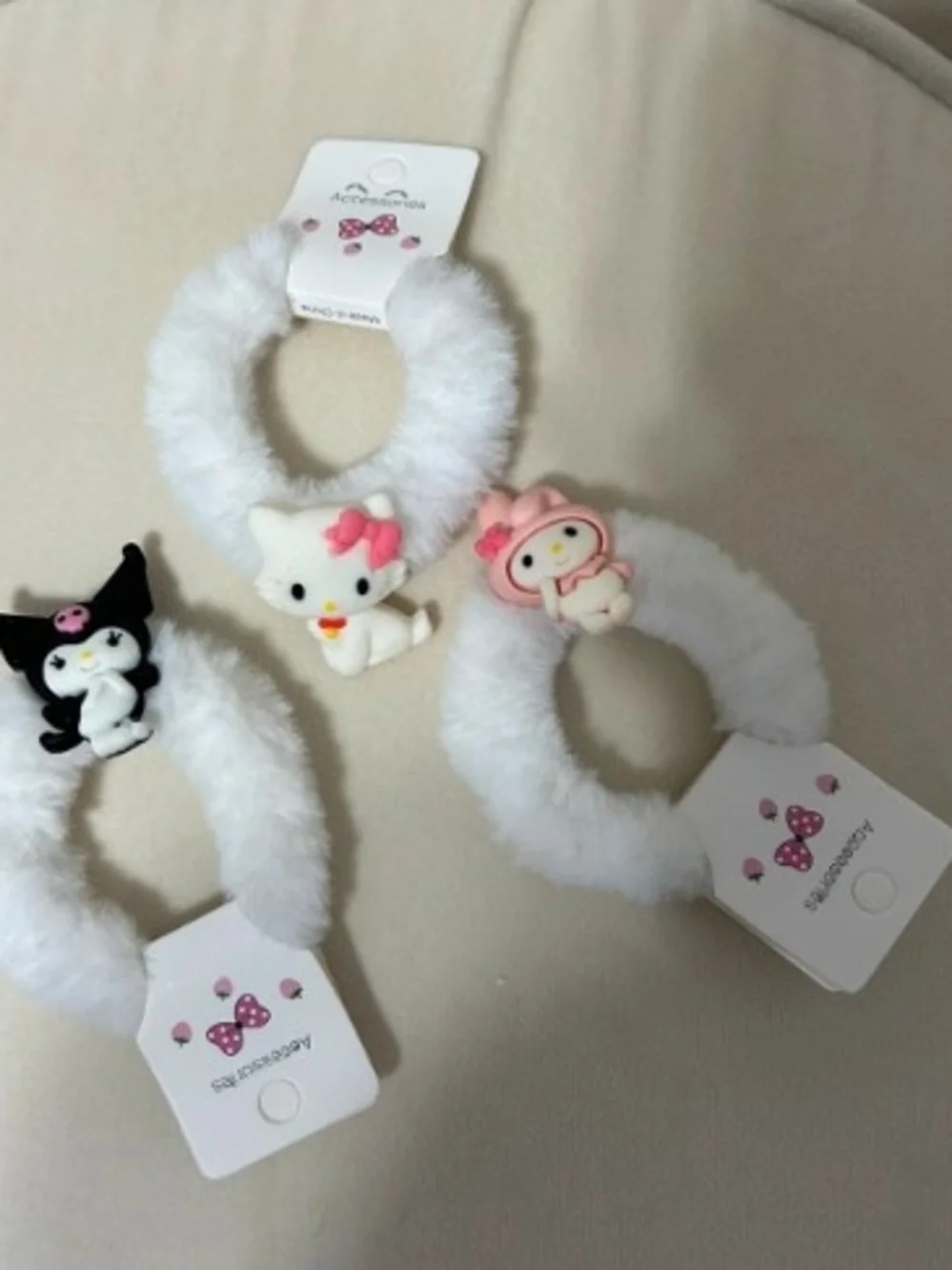 Sanrio White Plush Hair Ties with Hello Kitty, My Melody & Kuromi Charms